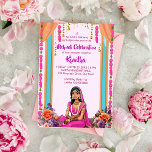 Convite Noiva bonita do casamento indiano Mehndi em rosa<br><div class="desc">O modelo de convite para casamento indiano Mehndi é um download instantâneo com uma caricatura de noiva fofa em roupas cor-de-rosa e flores cor-de-rosa.</div>