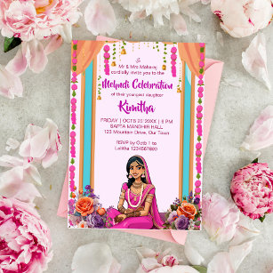 Convite Noiva bonita do casamento indiano Mehndi em rosa