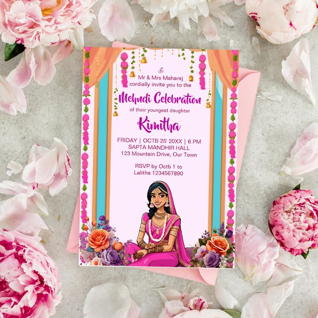 Convite Noiva bonita do casamento indiano Mehndi em rosa (Mehndi Indian wedding template invitation instant download cute Indian bride dressed in pink cartoon)