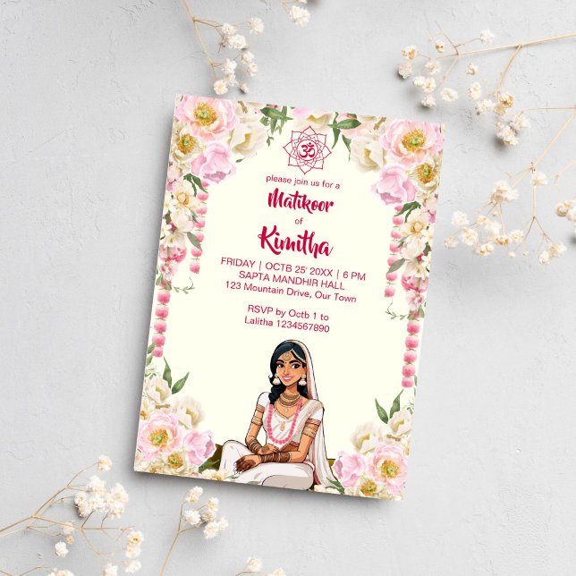 Convite Noiva bonita do casamento indiano Mehndi, rosa mar (Matikoor Haldi Mehndi Indian wedding cute bride in ivory pink Invitation template digital download)