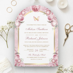 Convite Noiva Borboleta Arco Dourado Floral Rosa Rubor