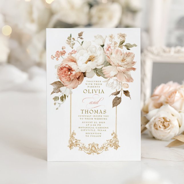 Convite Noiva Botânica Terrosa Bege e Rosa Poenta (Victorian Flowers Elegant Chic Botanical Wedding Invitation)