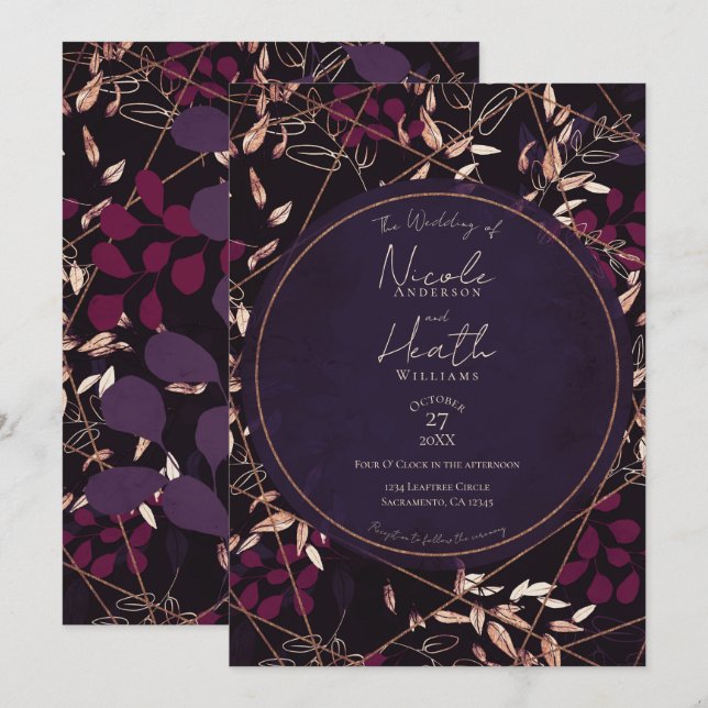 Convite Noiva Bronze Roxo Floral Escuro Ousado Morango (Frente/Verso)