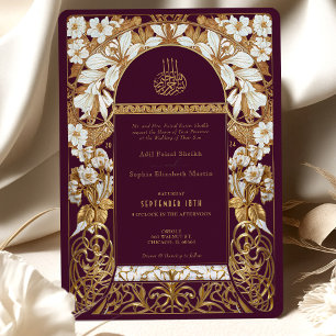 Convite Noiva Burgundy Islâmica Casamento Antigo Dourado M