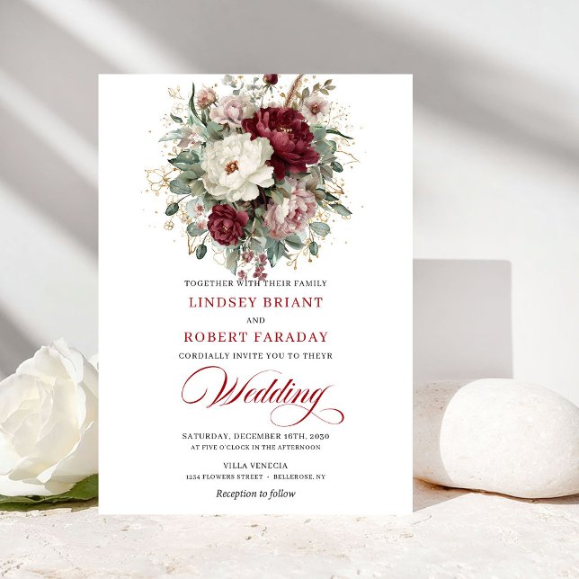Convite Noiva Chic Burgundy e Flores Brancas Dourado Casam (Chic Burgundy and White Flowers Gold Wedding Invite)