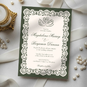 Convite Noiva Cisne Verde Oliva Elegante Renda Vintage