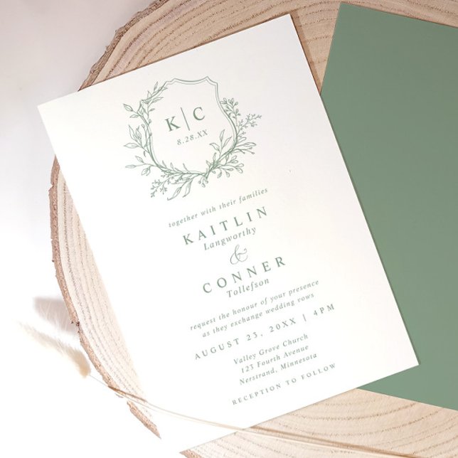 Convite Noiva Clássico Verde Sage Crista Elegante (Elegant sage green wedding invitation with vintage crest, monogram, and botanical accents)