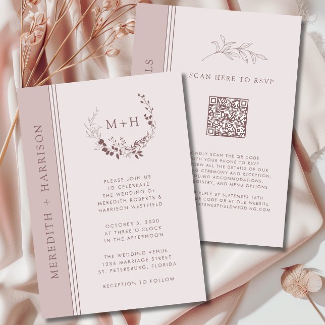 Convite Noiva Código QR Monograma Blush Dourado Rosa (Rose Gold Blush Monogram Wreath All in One QR Code Wedding Invitation)