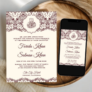 Convite Noiva Creme Renda Burgundy Casamento Islâmico Muçu