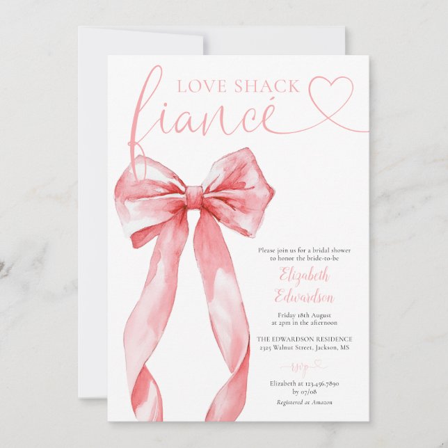 Convite Noiva da Love Shack com Laço Rosa Chá de Panela (Frente)