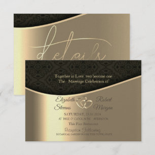Convite Noiva de Damasco Preto Corações de Ouro & Registro