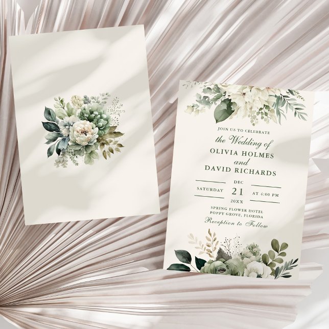 Convite Noiva de Flores Verde-Sage e Marfim Modernas Casam (Modern Sage Green and Ivory Flowers Wedding Invitation on a sunny white dry palm leaf.)