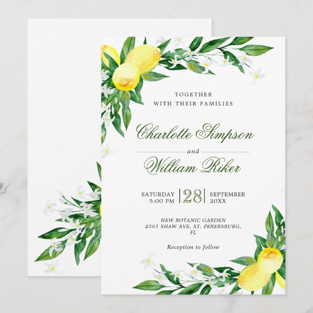 Convite Noiva de Limões Floridos Aquarela Casamento (Frente/Verso)