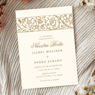Convite Noiva de Luxo Floral Creme & Dourado Nuestra Boda
