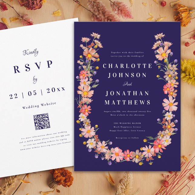 Convite Noiva de Outono Azul-Navy de Flores Silvestres (Elegant floral navy blue fall wedding invitation with wildflower dried flowers wreath)