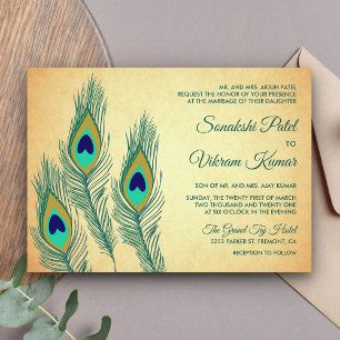 Convite Noiva de penas de pavão verde vintage casamento in