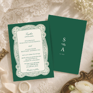 Convite Noiva de Renda Vintage Esmeralda Verde Old Money