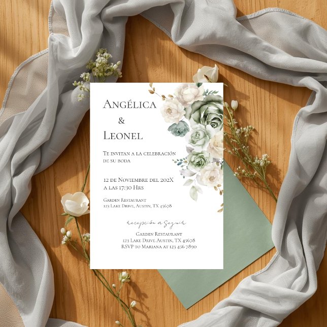 Convite Noiva de Verde Sage Casamento Espanhol (Criador carregado)