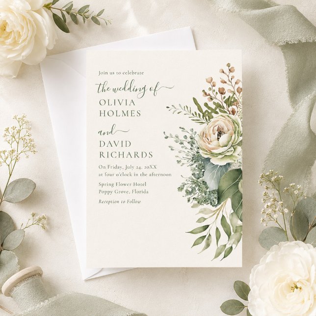 Convite Noiva de Verde Salvia Moderno e Flores Silvestres  (Boho Sage Green and Ivory Widlflowers Wedding Invitation on table with ivory roses and ribbons)