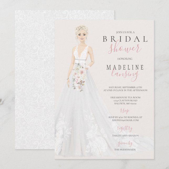 Convite Noiva do Chá de panela de Lace Wedding Gown (Frente/Verso)