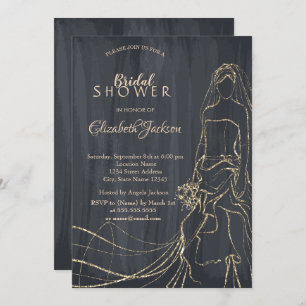 Convite Noiva Dourada Elegante, Chá de panela Preto