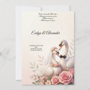 Convite Noiva e Noivo Cisne 3D Floral Rosa Bege Elegante