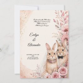 Convite Noiva e Noivo Coelhinhos Fofos Rosa Floral Dourado