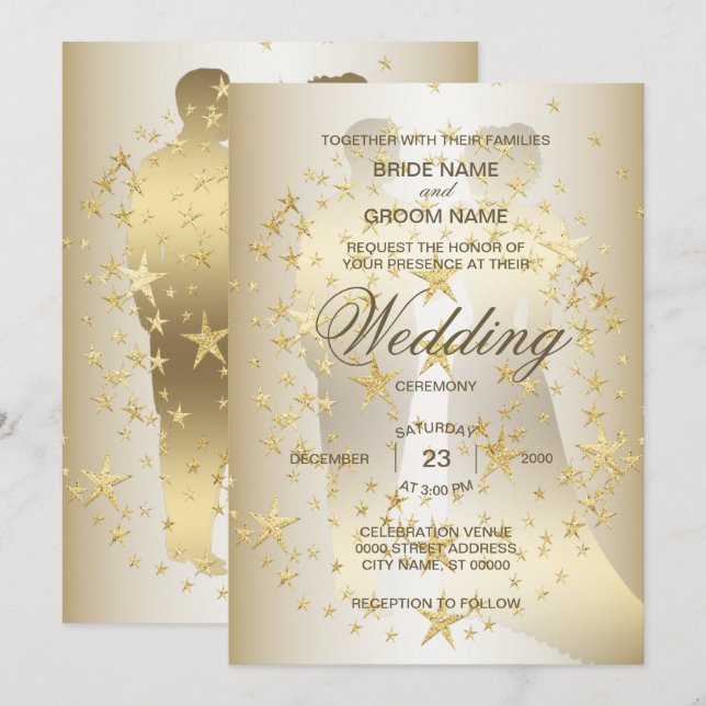 Convite Noiva e Noivo Estrelas Douradas Casamento (Frente/Verso)