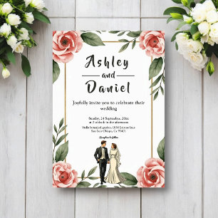 Convite Noiva e Noivo Românticos Casamento Floral Aquarela