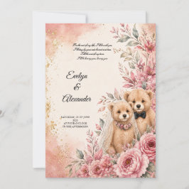Convite Noiva e Noivo Ursinho Teddy Fofo Rosa Floral