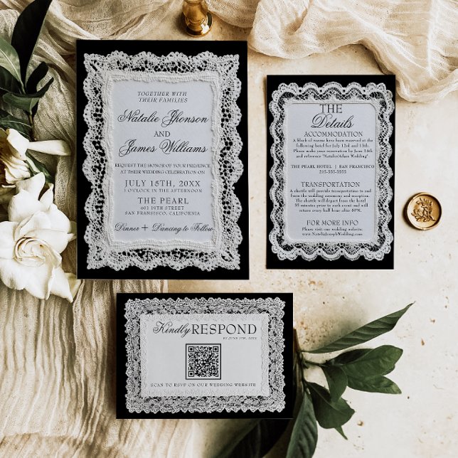 Convite Noiva e renda preta e branca sofisticada, casament (Criador carregado)