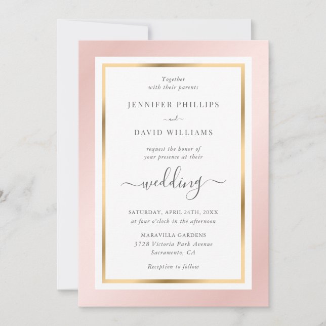 Convite Noiva Elegante Moderna Rosa e Casamento Dourado (Frente)