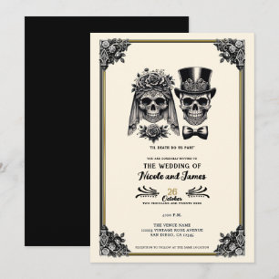 Convite Noiva Esqueleto Vintage Preto e Dourado Casamento