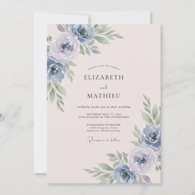 Convite Noiva Floral Azul Beige Casamento (Frente)