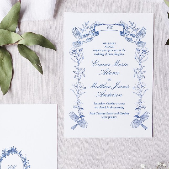 Convite Noiva Floral Azul Chinoiserie (Blue toile chinoiserie wedding invitation with birds and flowers in victorian frame)