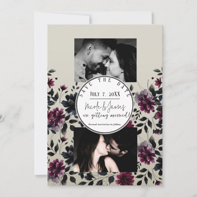 Convite Noiva Floral Azul Meia-Noite Borgonha Amêndoa (Frente)