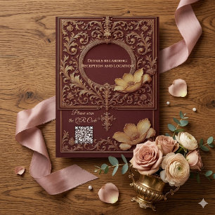 Convite Noiva Floral Barroca em Marfim Dourado Borgonha Vi