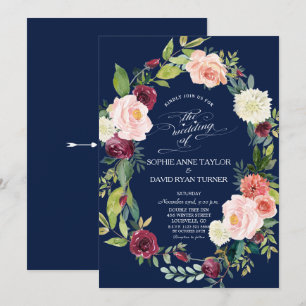 Convite Noiva Floral Borgonha Bege Azul Escuro Casamento