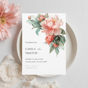 Convite Noiva Floral de Coral Rosa Água Cor Peônia Casamen