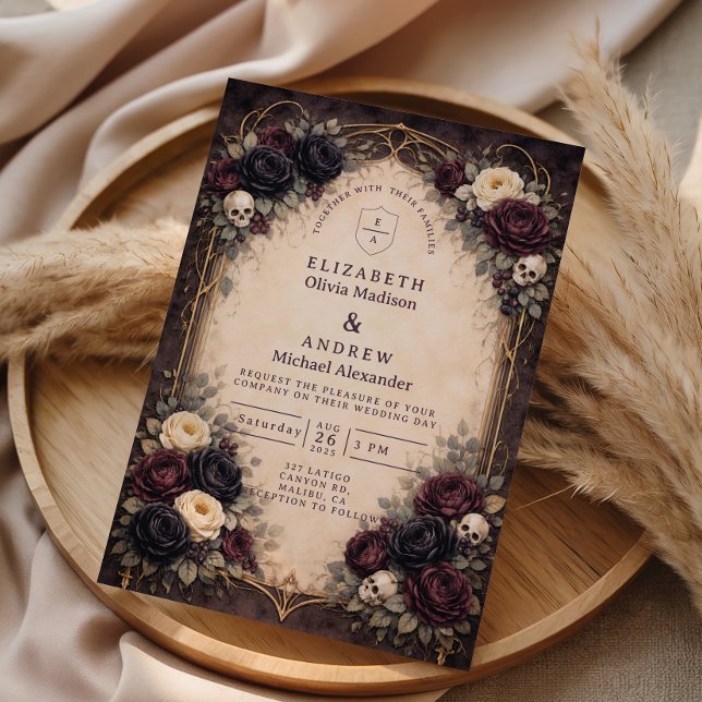 Convite Noiva Floral de Crânio Gótico Sombrio (Criador carregado)