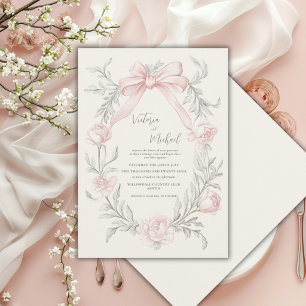 Convite Noiva floral de laço rosa verde-sage Vintage Casam