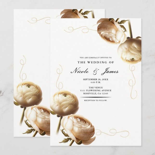 Convite Noiva Floral de Ranunculus Creme e Branco (Frente/Verso)