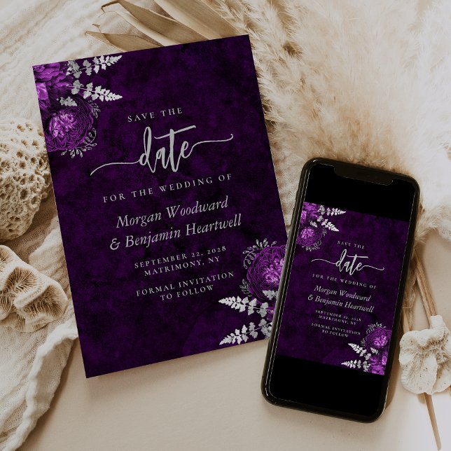 Convite Noiva Floral Prata Chic Ameixa Save the Date (Criador carregado)