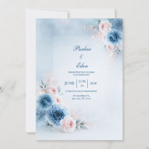 Convite Noiva Floral Quadro Azul Pó Rosa