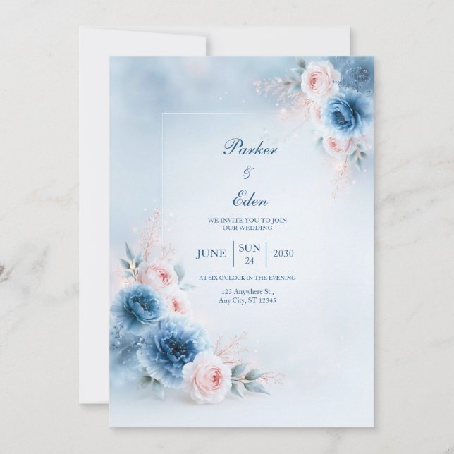 Convite Noiva Floral Quadro Azul Pó Rosa (Frente)