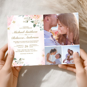 Convite Noiva Floral Rosa Código QR Foto Casamento Bege Do