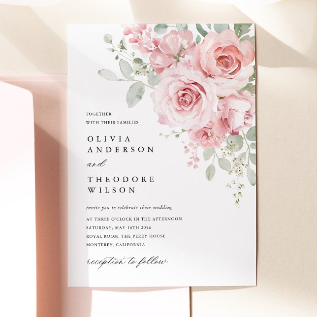 Convite Noiva Floral Rosa Corado (Blush Rose Floral Wedding Invitation, Watercolor Blush Pink Rose Wedding Invite)