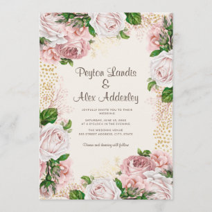 Convite Noiva Floral Rosa Poeira Brilho Dourado