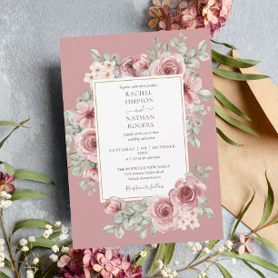 Convite Noiva Floral Rosa Poeirento Elegante Dourado