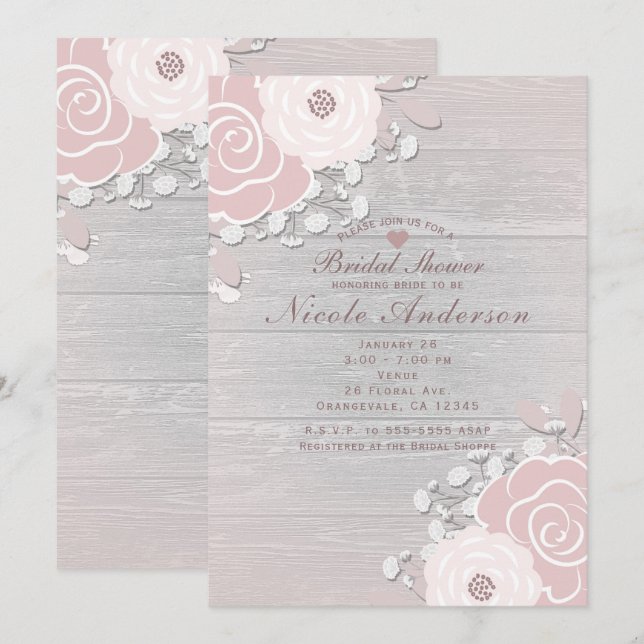 Convite Noiva Floral Rústica Bege Rosa Flores & Madeira (Frente/Verso)